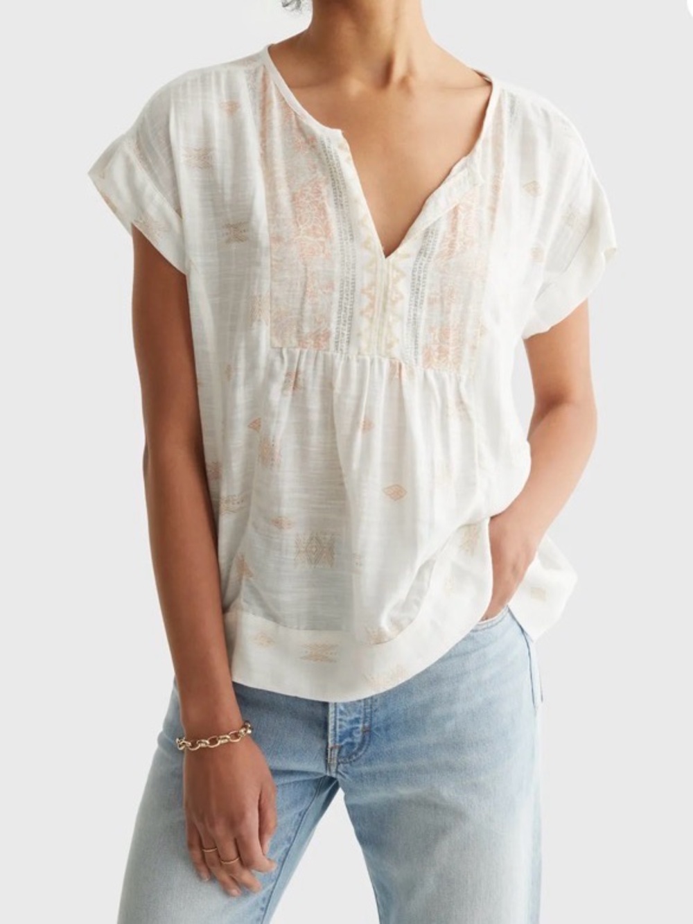Lucky Brand Women’s Beige Boho Linen V-Neck Blouse Short Sleeve Small